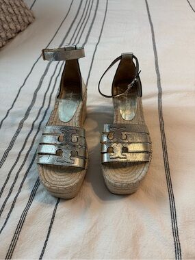 Tory Burch Metallic Silver Espadrille Wedge Sandals